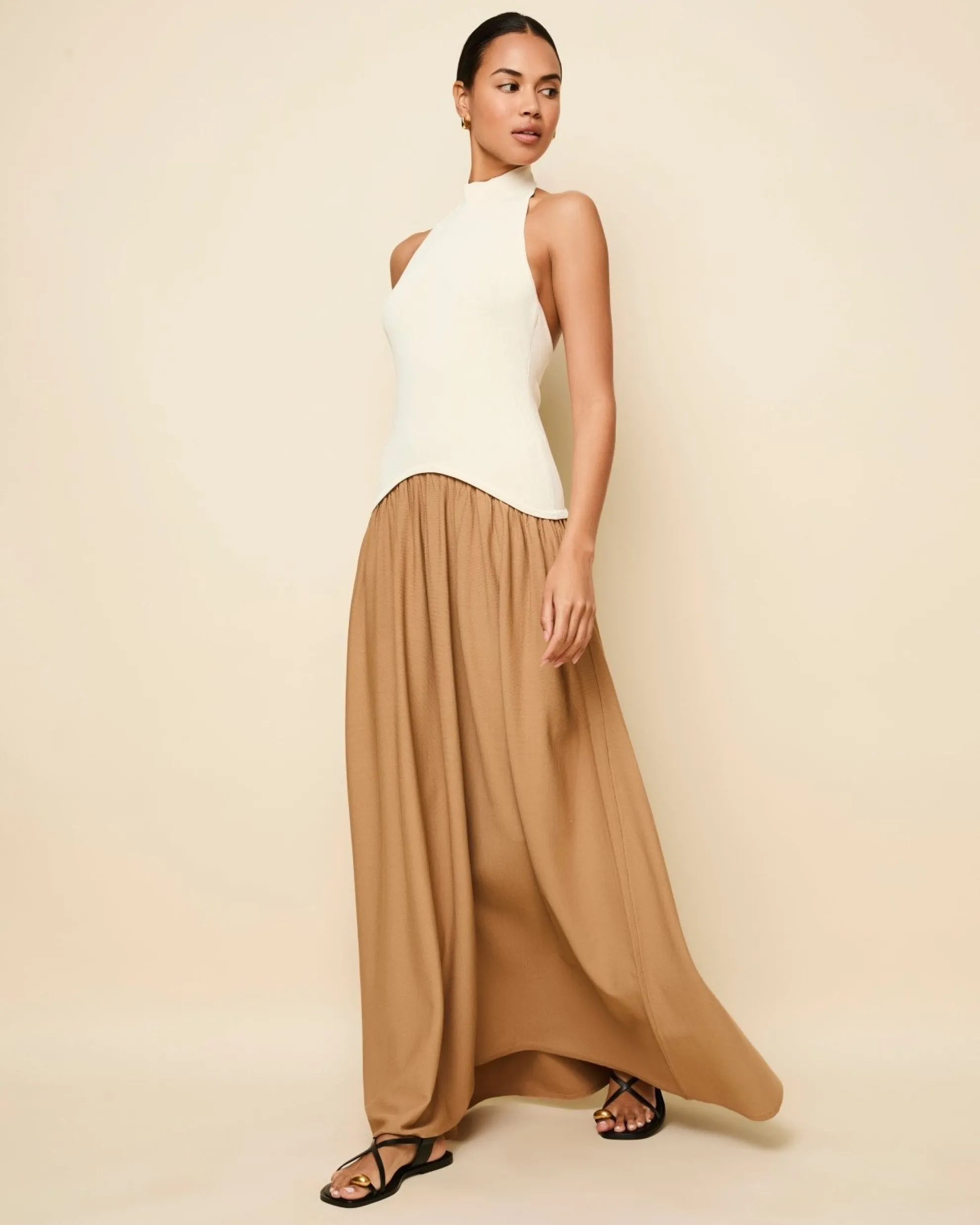 Halter Soglio Dress Ecru Camel